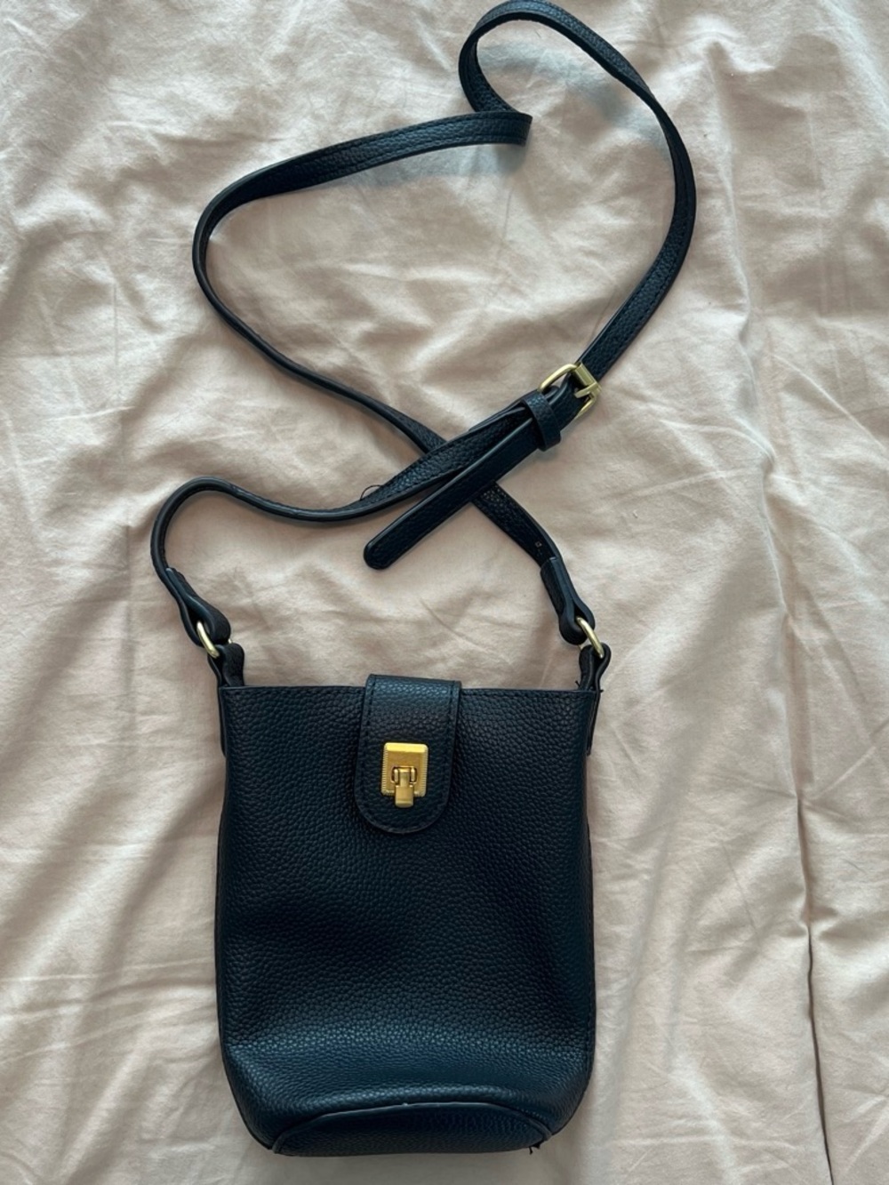 Black Pebbled Leather Crossbody Bag with Gold Turn-Lock
